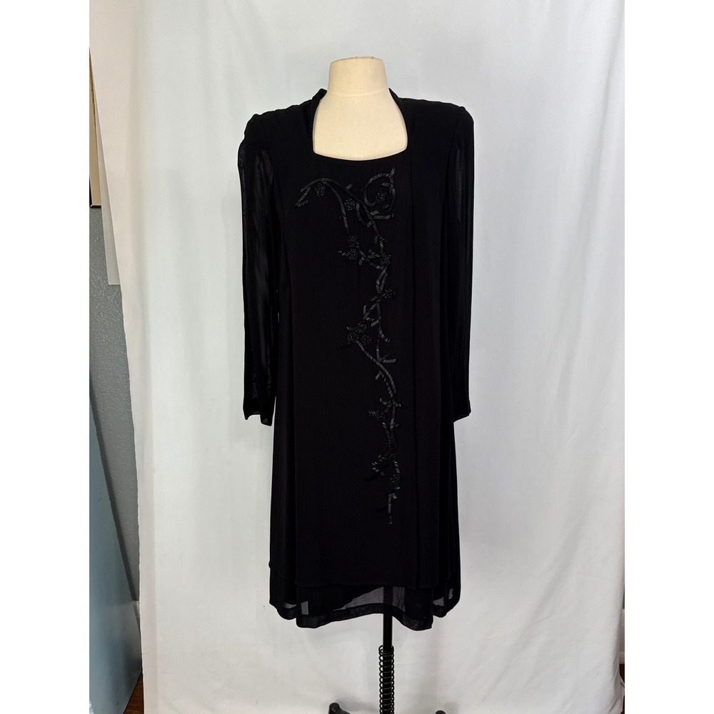 Marisa Minicucci Vintage Black Beaded Sheer Sleeve Sheath Dress, sz 14 NWT